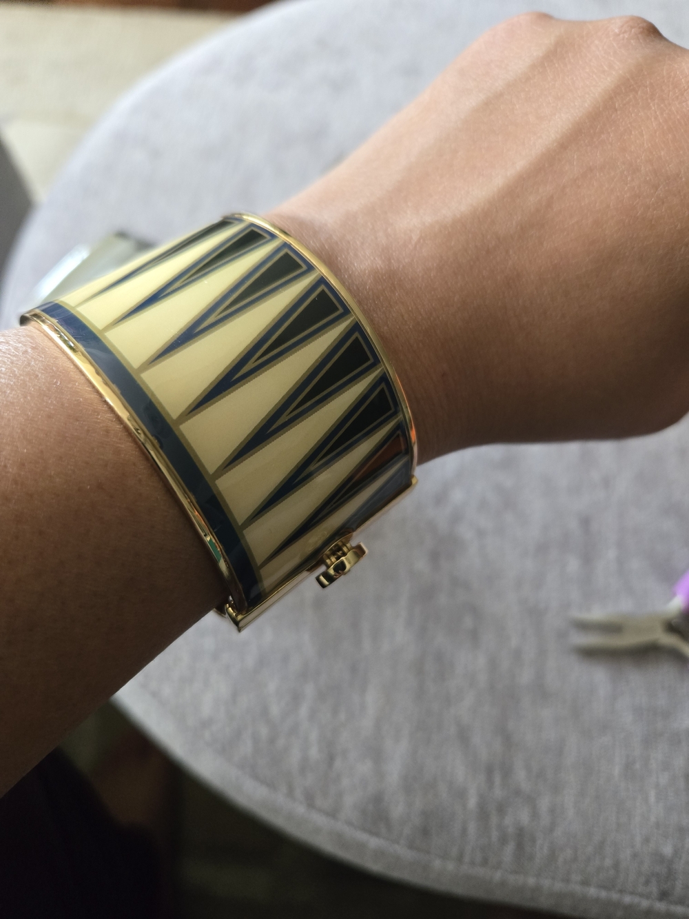 Gold-Tone Cream and Navy Patterned Cuff Bracelet